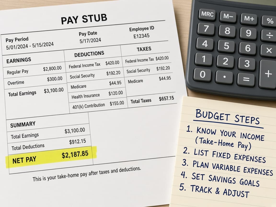 Pay stub and bank deposit highlighted to show take-home pay