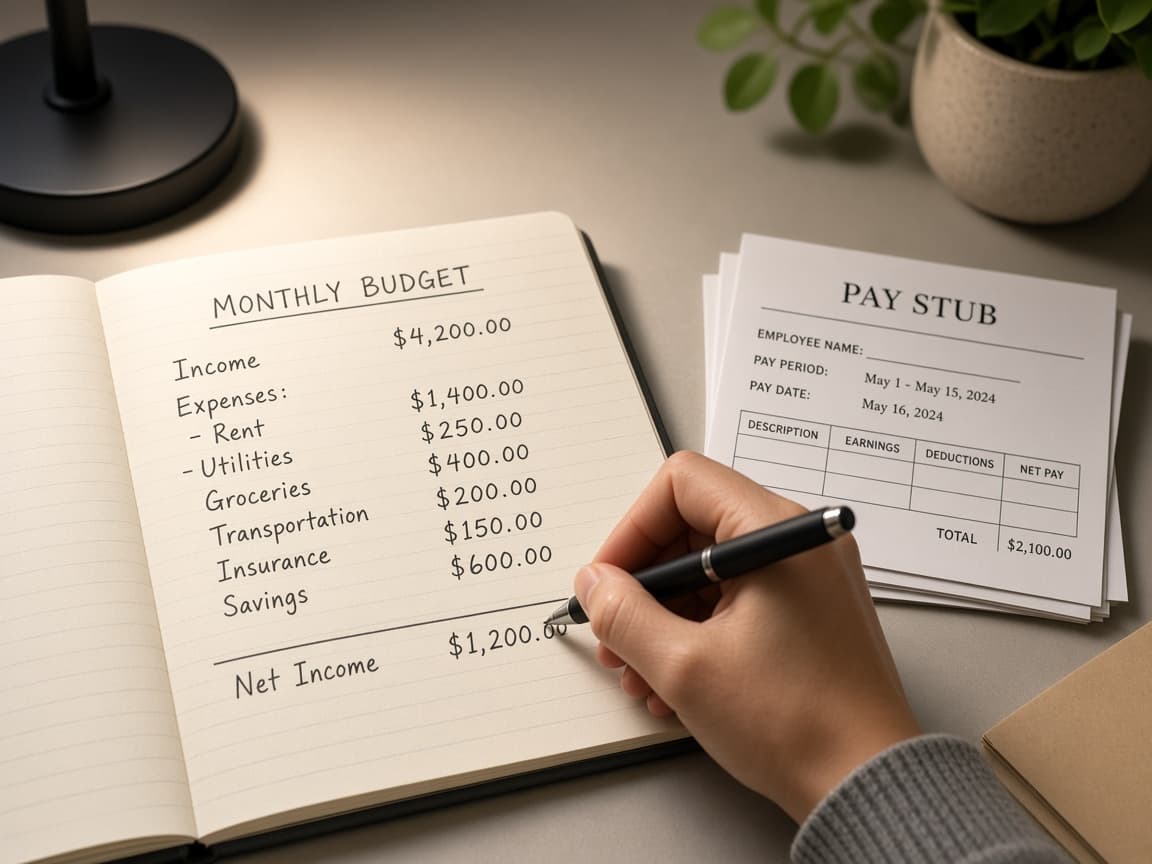Notebook with monthly net income written at the top of a budget page