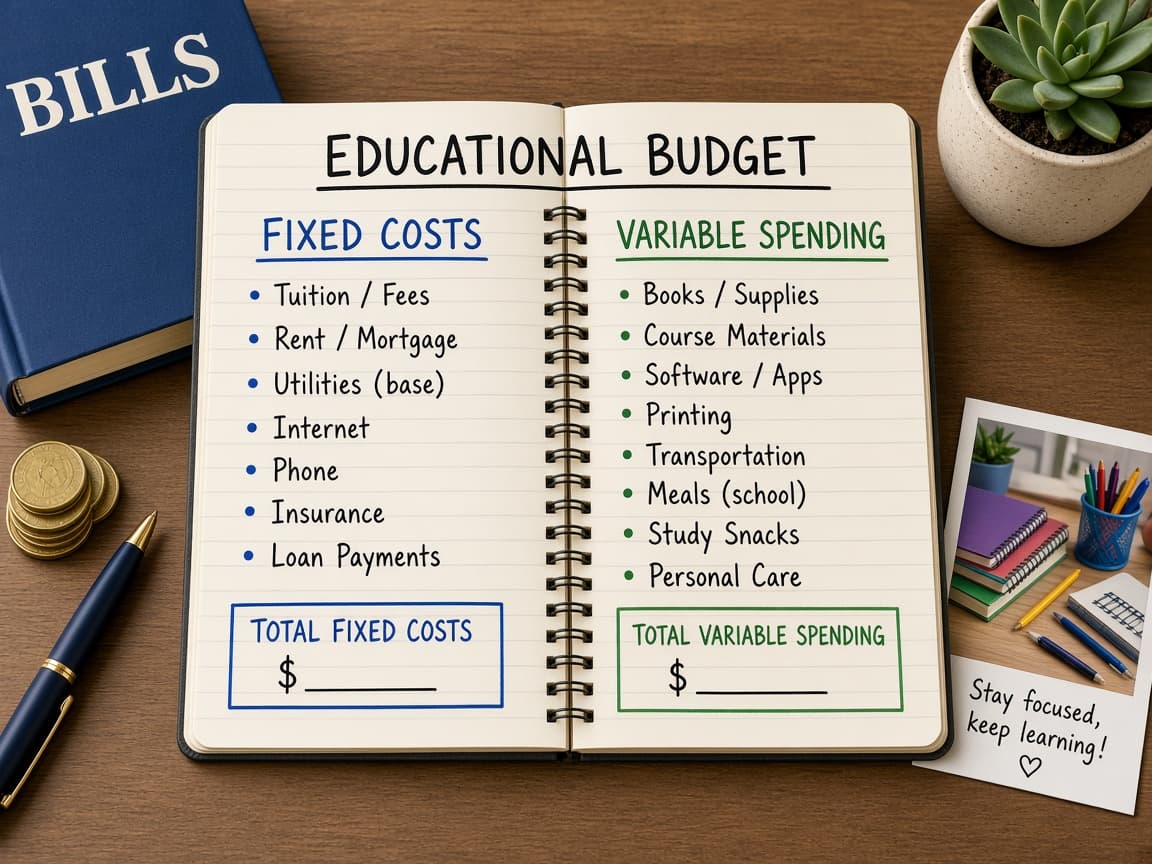 Two columns labeled fixed costs and variable spending with bill icons