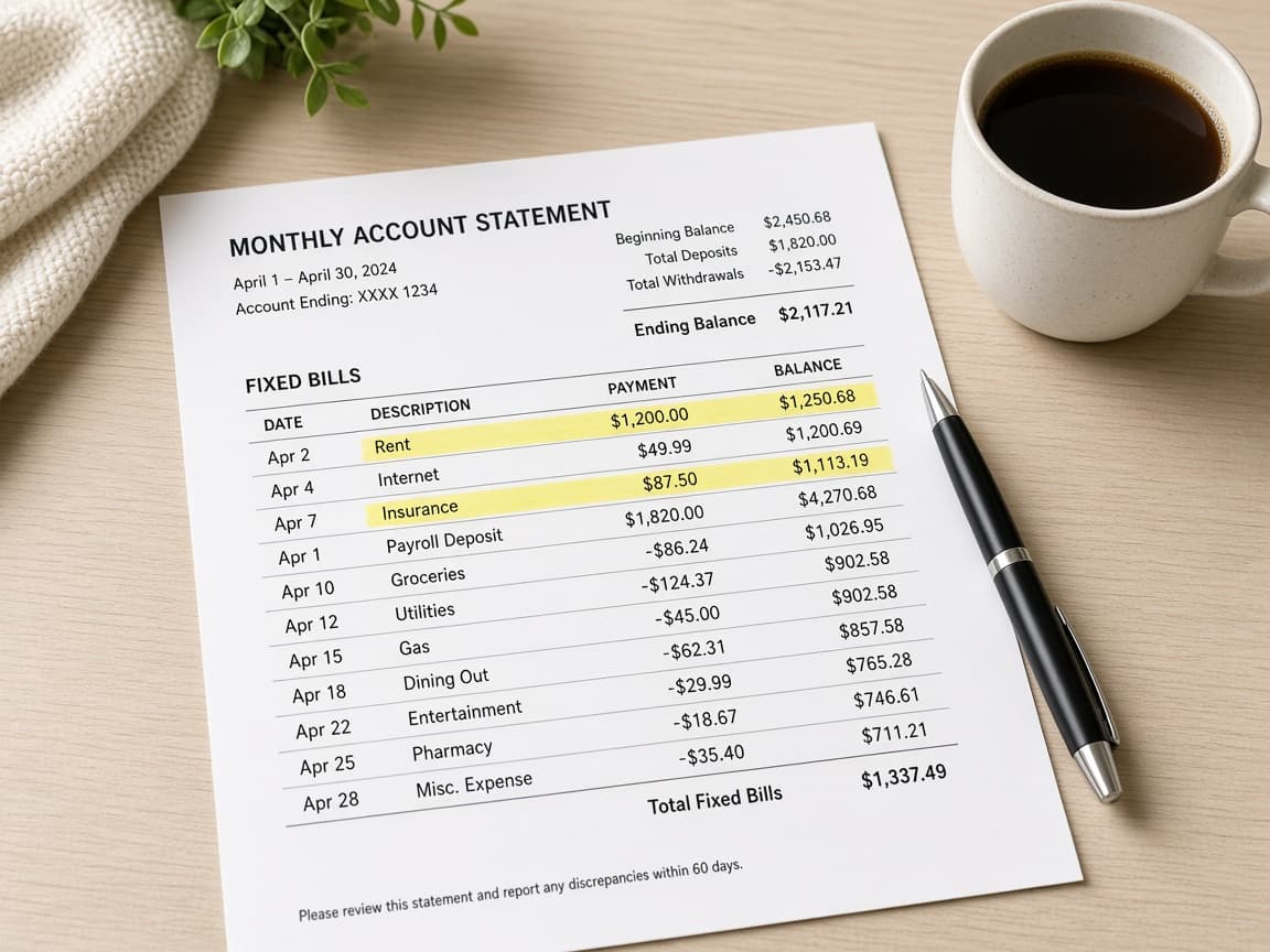 Bank statement highlighted into variable spending categories