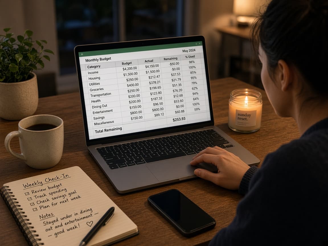Weekly calendar reminder next to a simple spending tracker