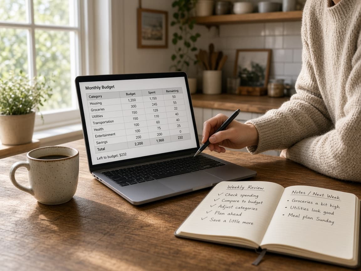 Spending tracker with three review questions checked off