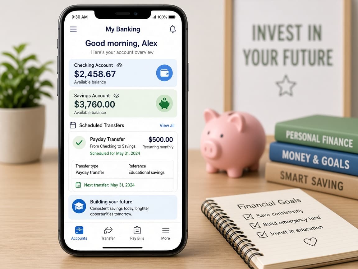 Phone banking screen showing scheduled payday transfers to savings