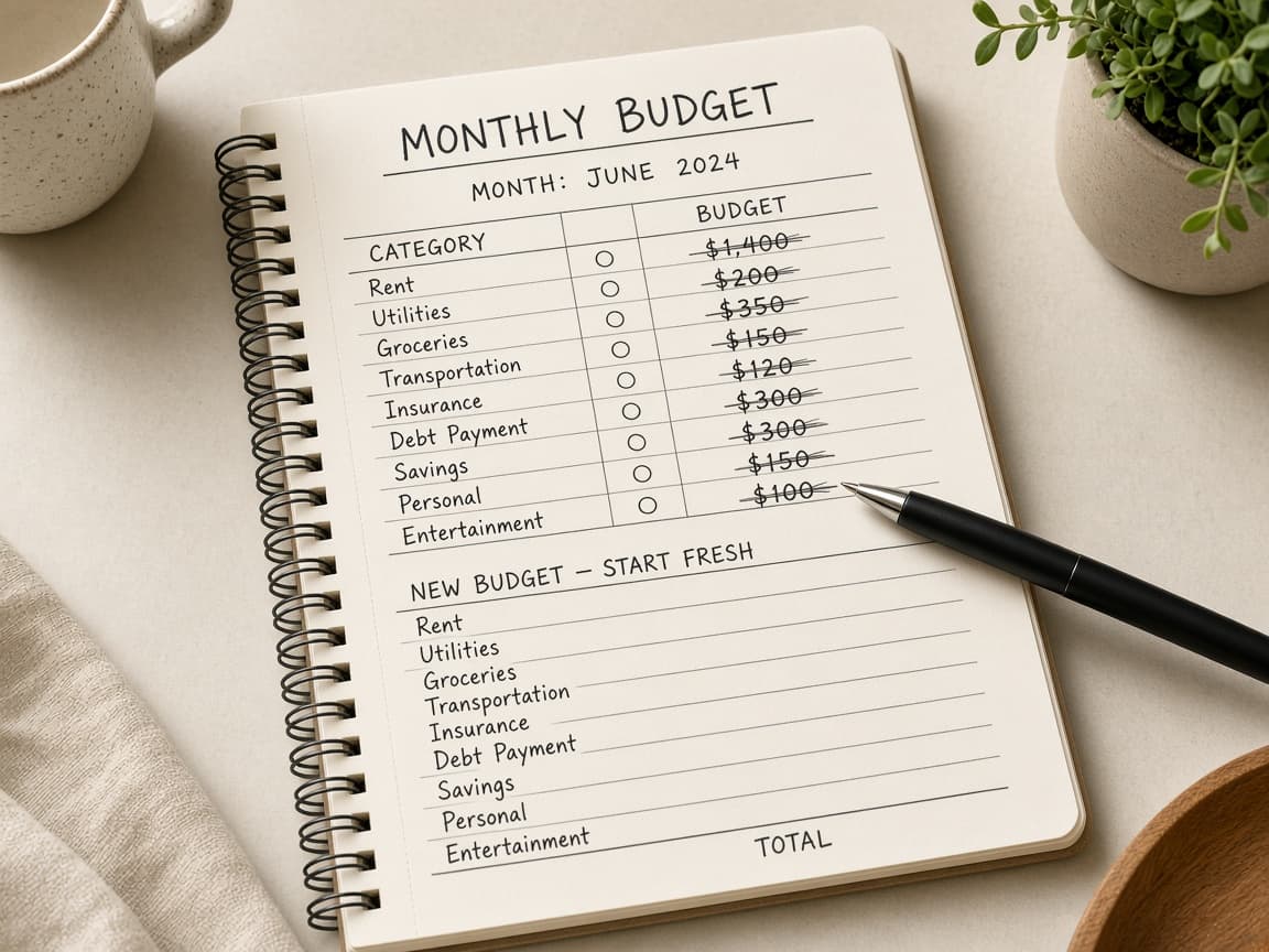 Checklist with one circled decision after a monthly budget review