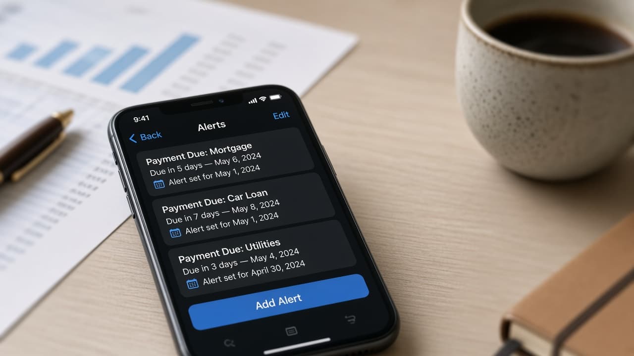 Phone calendar alerts set several days before payment due dates