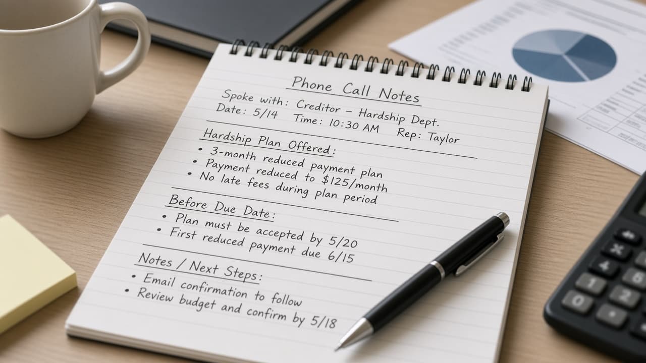 Phone call notes with a creditor hardship plan before the due date