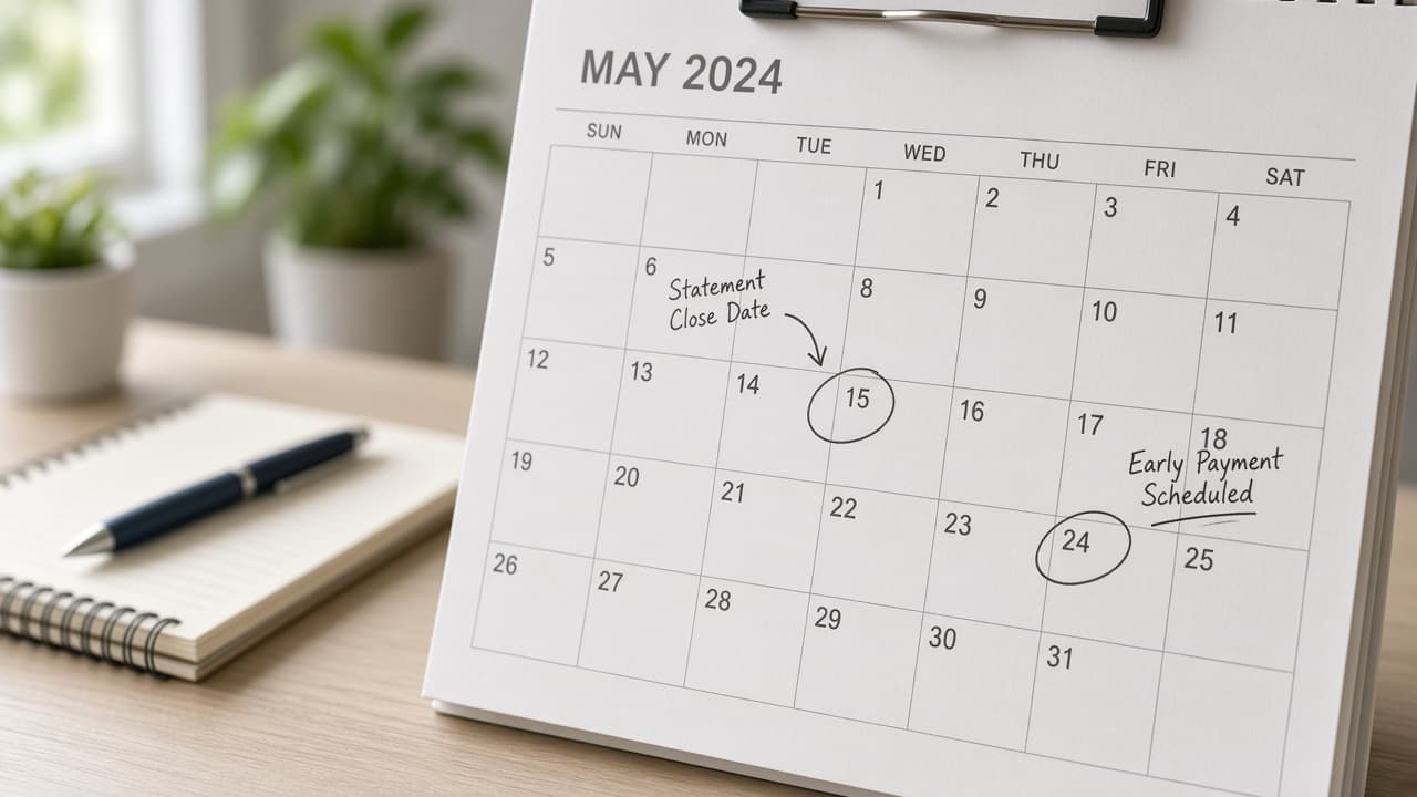 Calendar marked statement close date with an early payment scheduled
