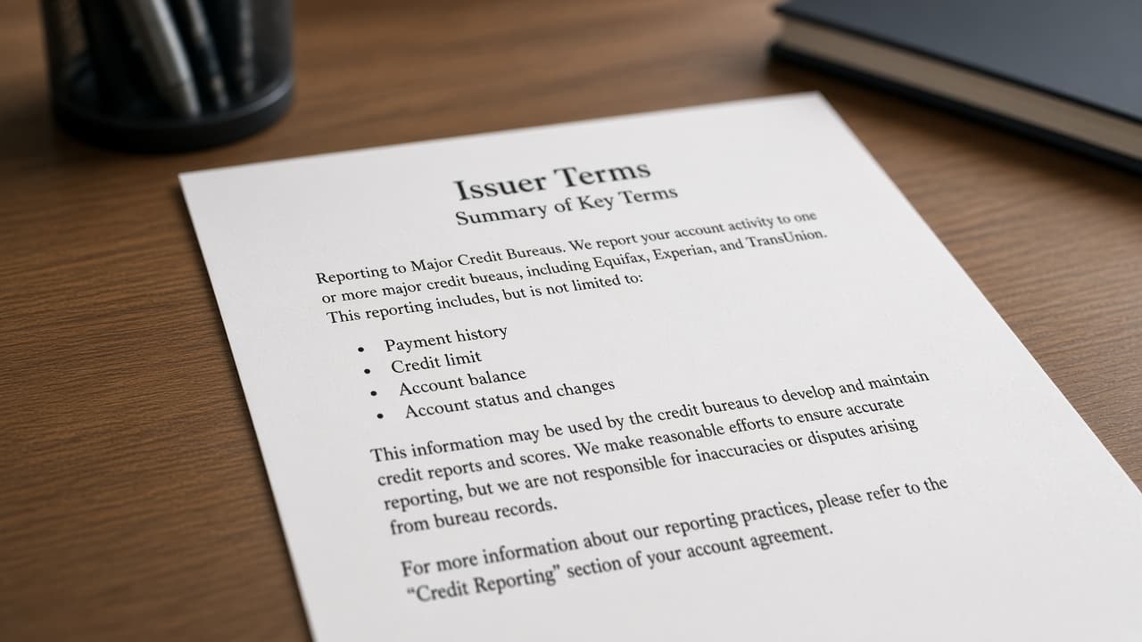 Issuer terms highlighting reporting to major credit bureaus