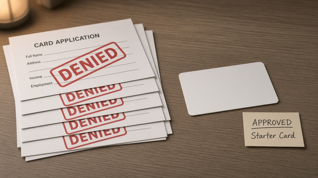 Five new card applications crossed out beside one approved starter card