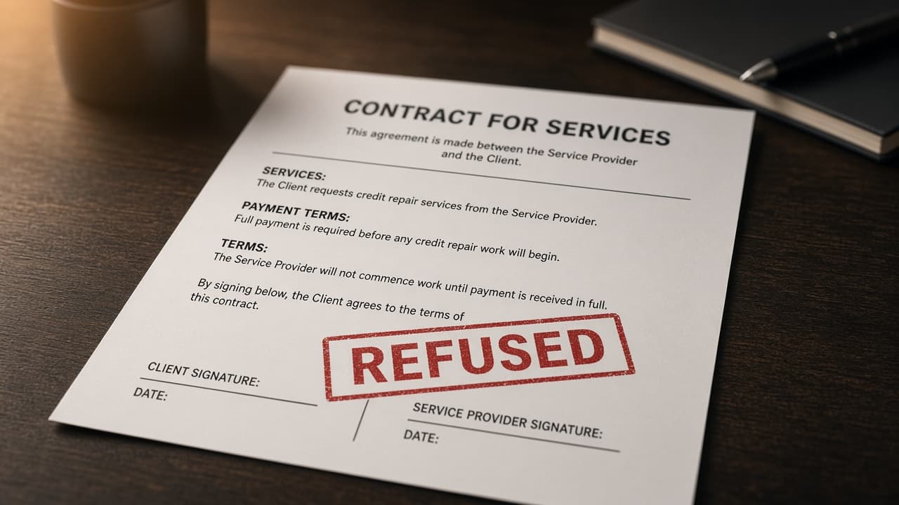 Contract demanding payment before credit repair work marked refuse