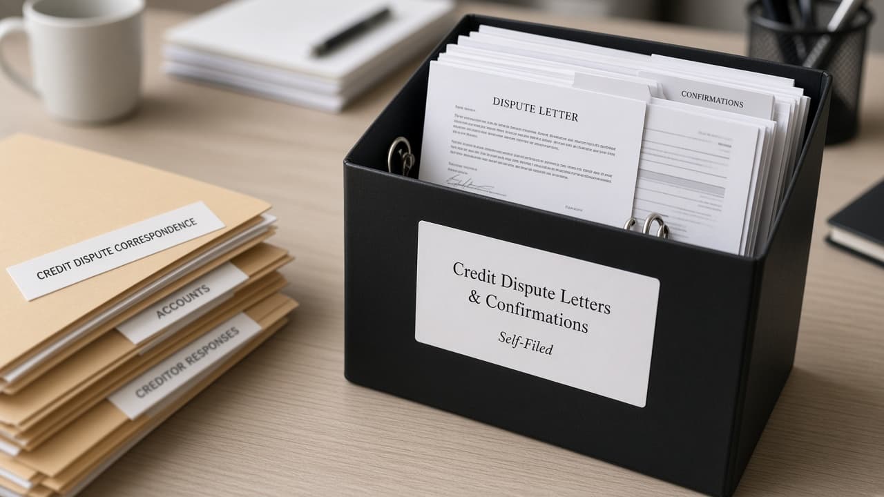 Organized folder of self-filed credit dispute letters and confirmations