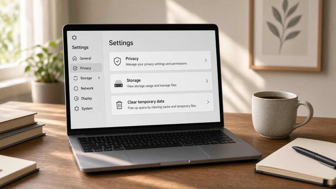 Laptop showing a generic browser settings screen beside a refresh icon