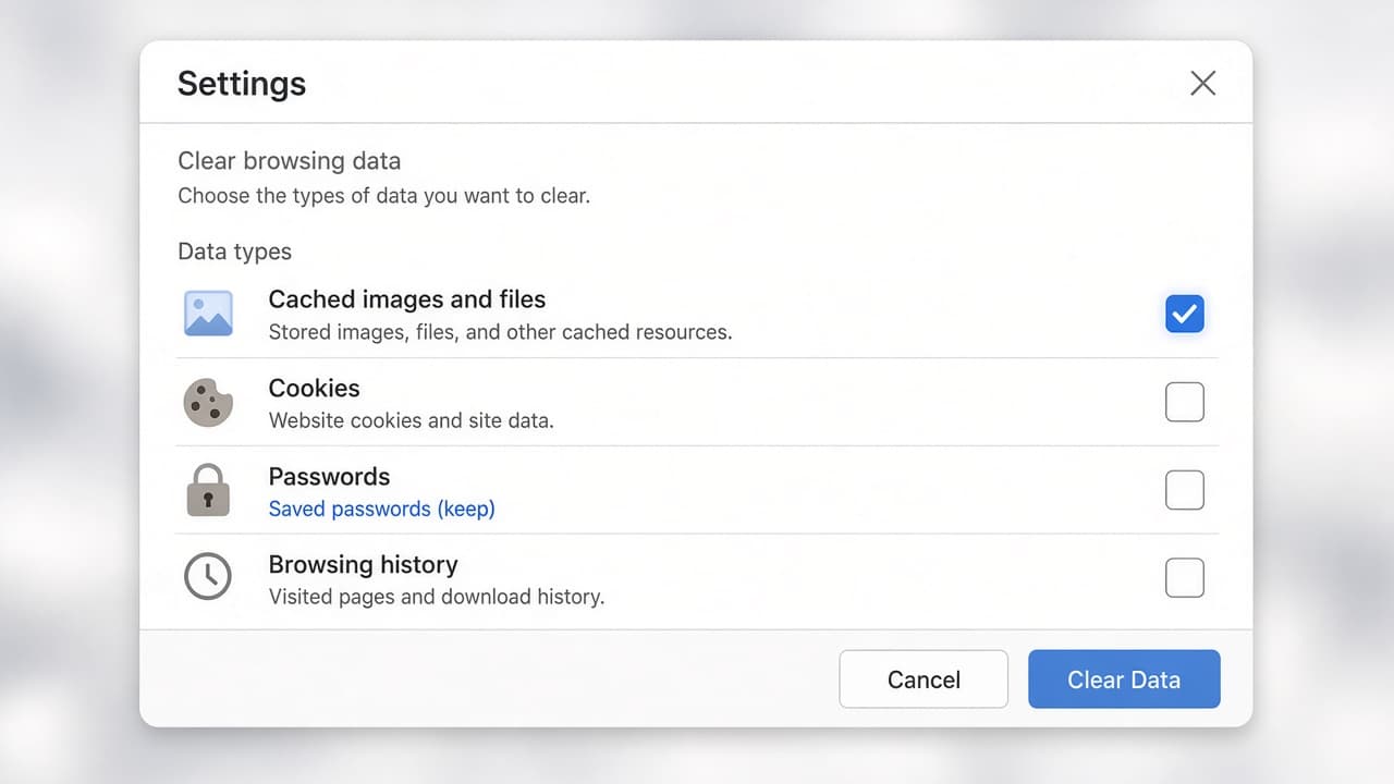 Illustrative generic browser clear-data panel with cached files selected
