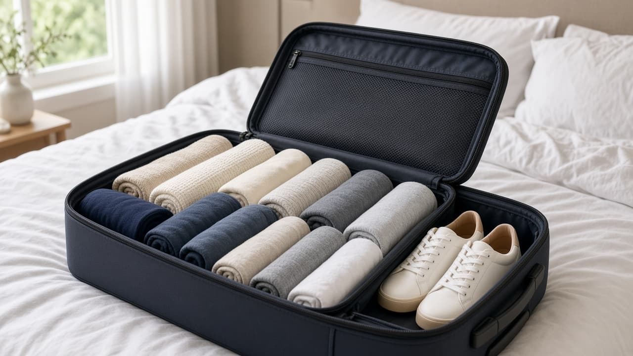 Open carry-on suitcase with rolled clothes, a liquids bag and shoes packed neatly