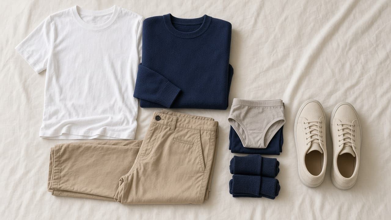 Capsule clothing list beside shoes and a weather layer on a bed
