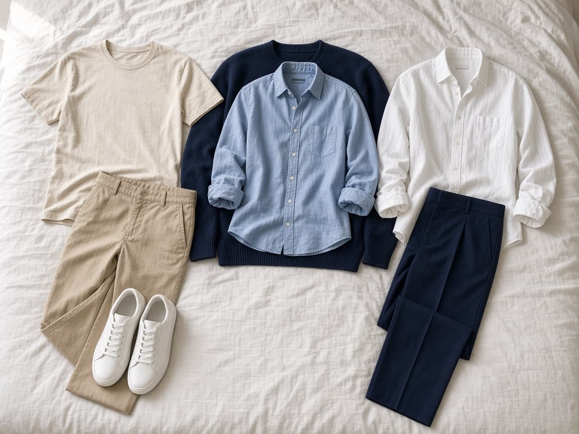 Outfits laid out that share the same pair of shoes