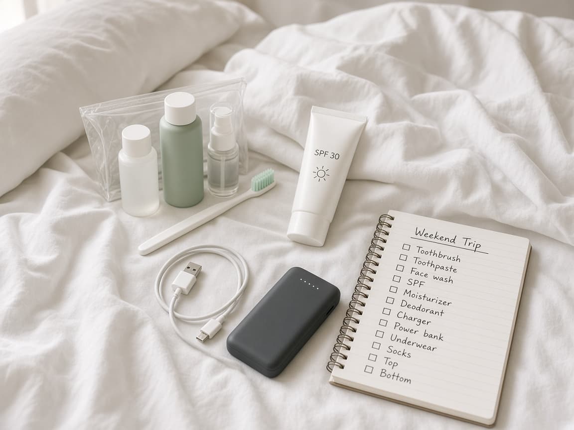 Small toiletry bottles and a phone charger set beside a packing list
