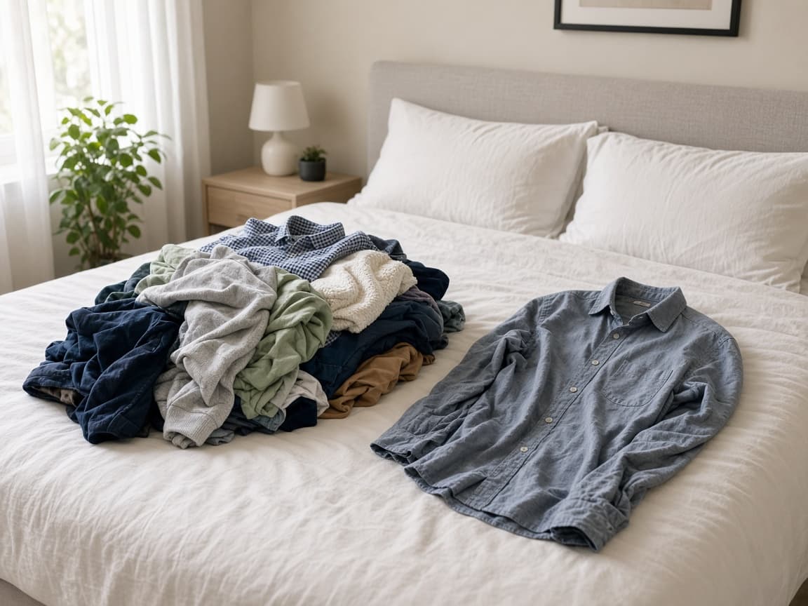 Packed pile on a bed with one extra shirt set aside