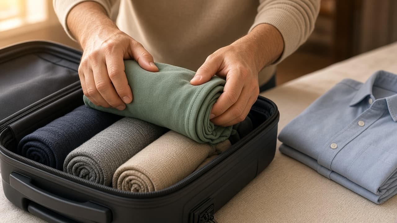 Rolled knits and folded shirts packed into an open carry-on