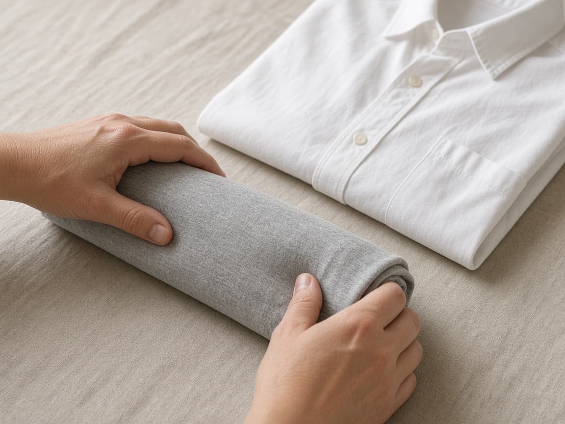 Hands rolling a t-shirt next to a neatly folded button-down