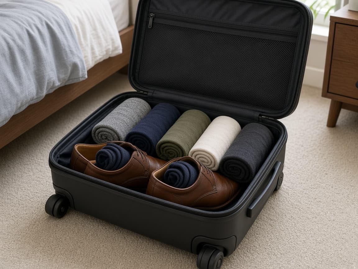 Shoes packed at the wheel end of a carry-on suitcase