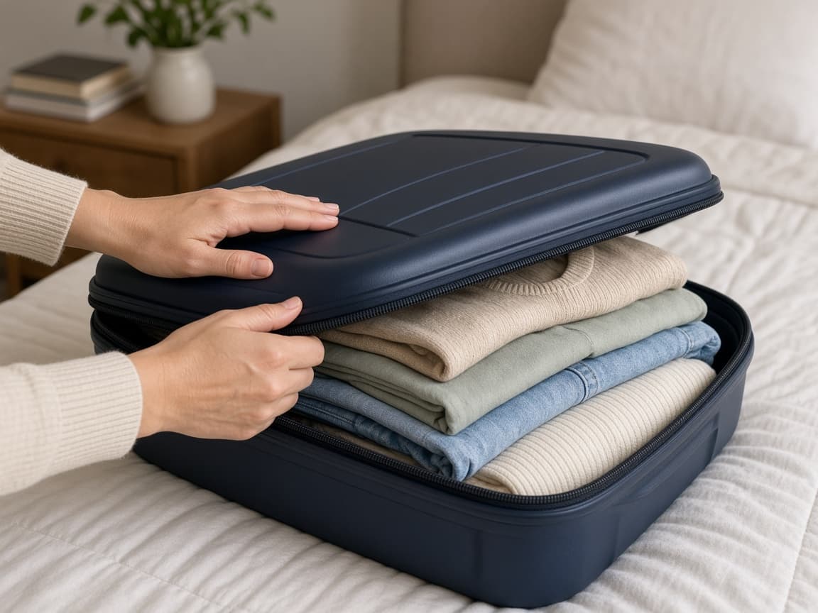 Carry-on lid closing over a flat even layer of clothes