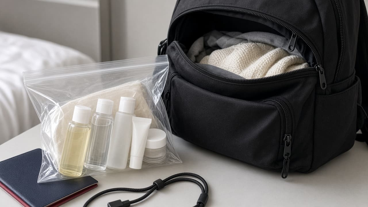 Clear liquids bag and a personal-item backpack beside a carry-on
