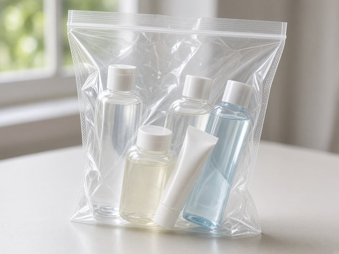 Travel-size bottles standing in an open clear liquids bag