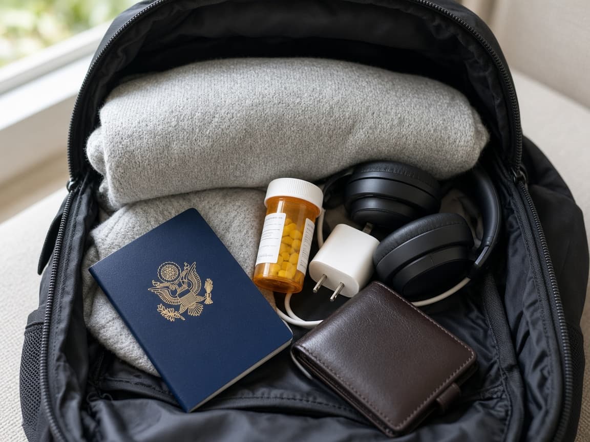 Personal item open showing passport medication charger and a spare layer