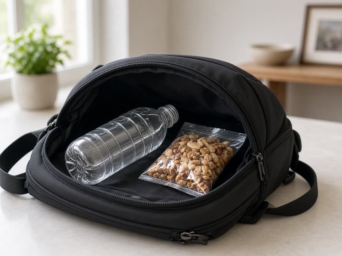 Empty refillable bottle and a small snack pack in a personal item