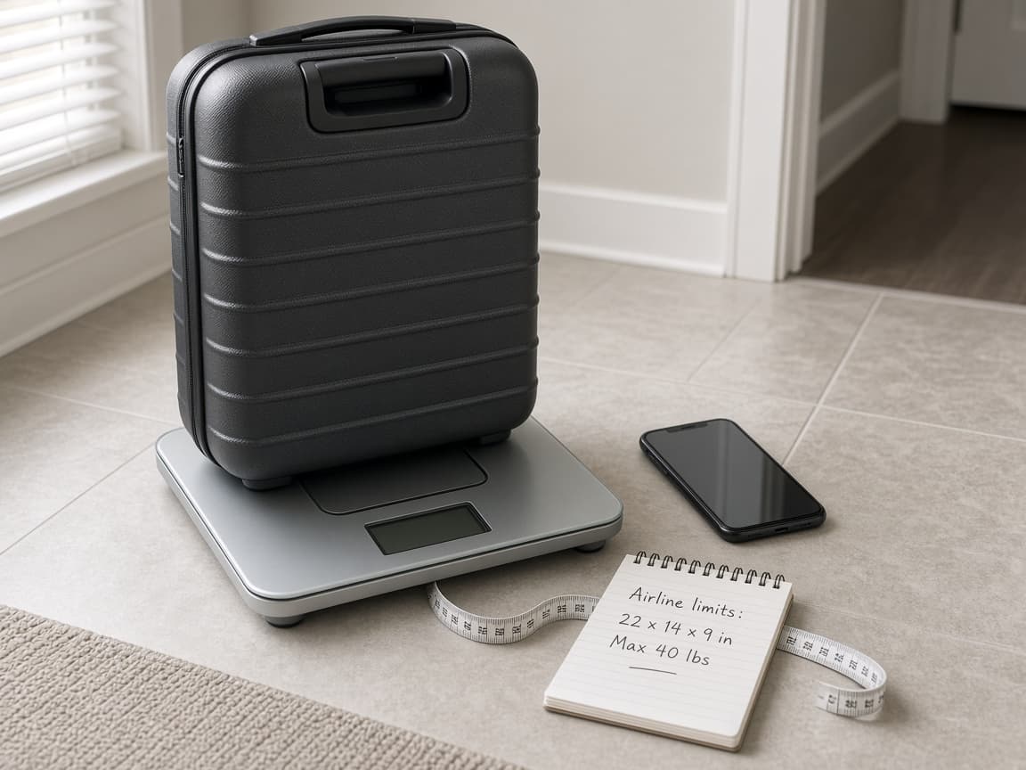 Carry-on on a bathroom scale beside a phone showing airline size limits