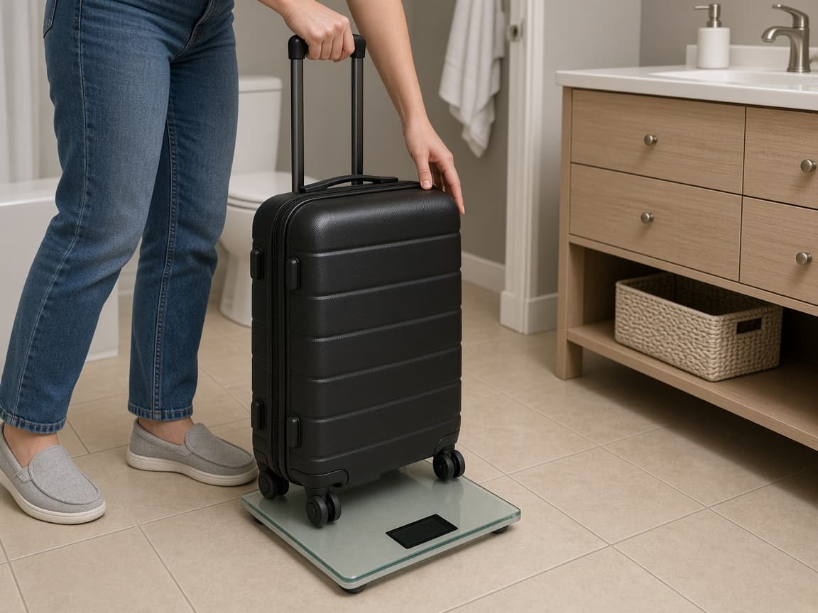 Person checking carry-on weight on a bathroom scale
