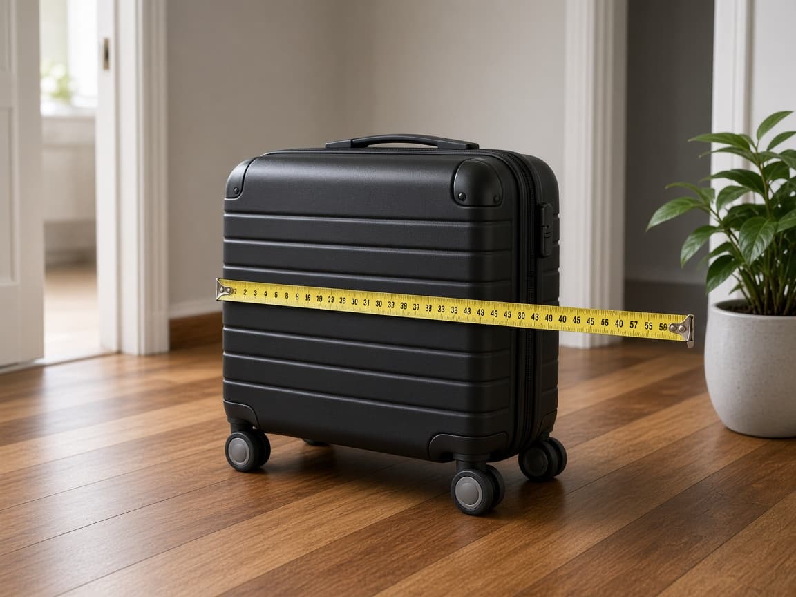 Tape measure across a packed carry-on including wheels