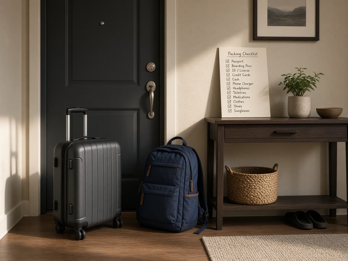 Closed carry-on and personal item by the door with a checklist marked done