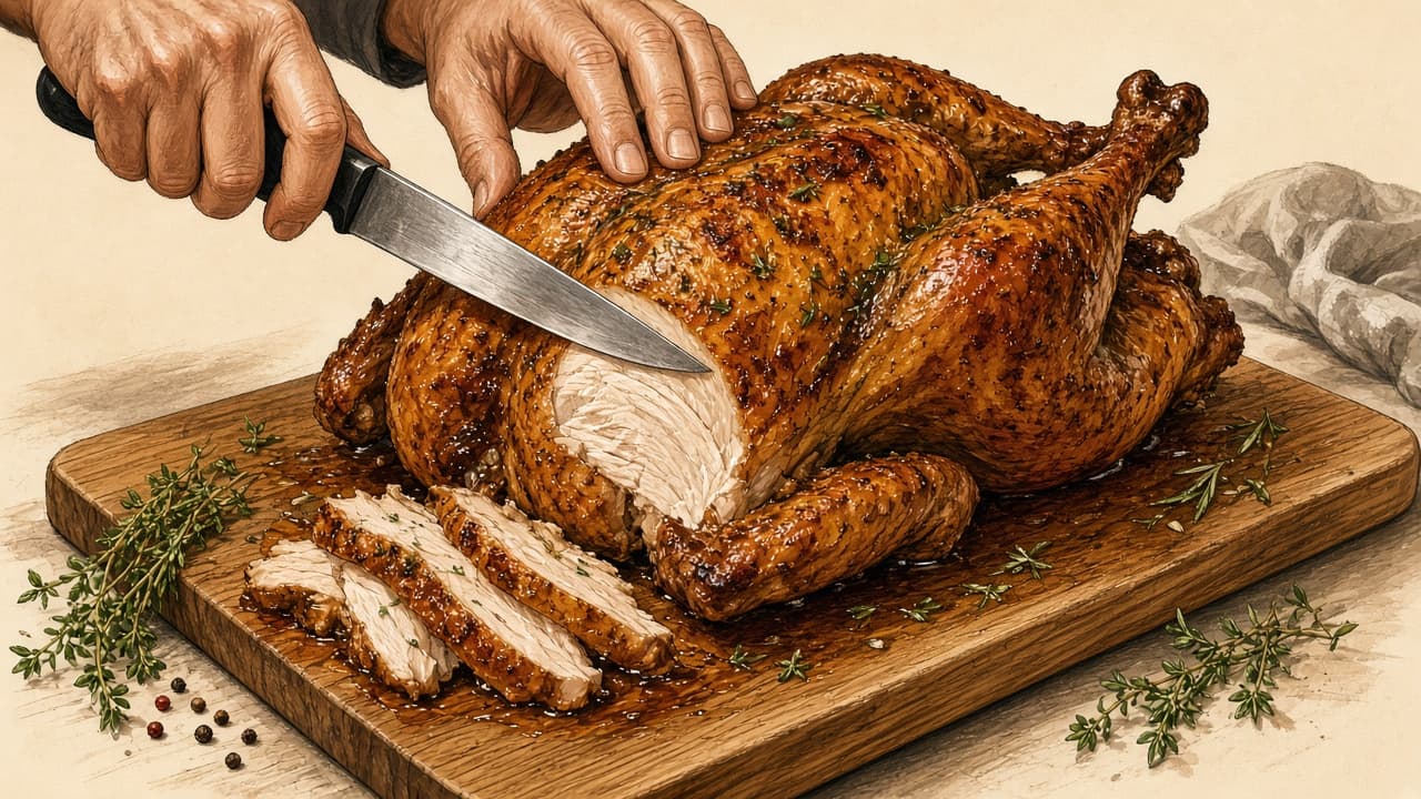 Carved turkey breast slices and leg portions arranged on a platter