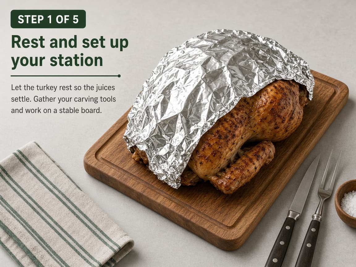 Roasted turkey resting under loose foil on a board