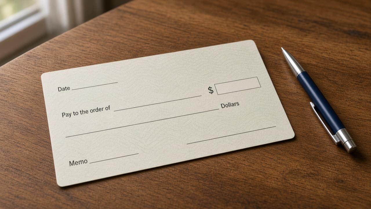 Blank paper check on a desk with a pen beside the date and payee lines