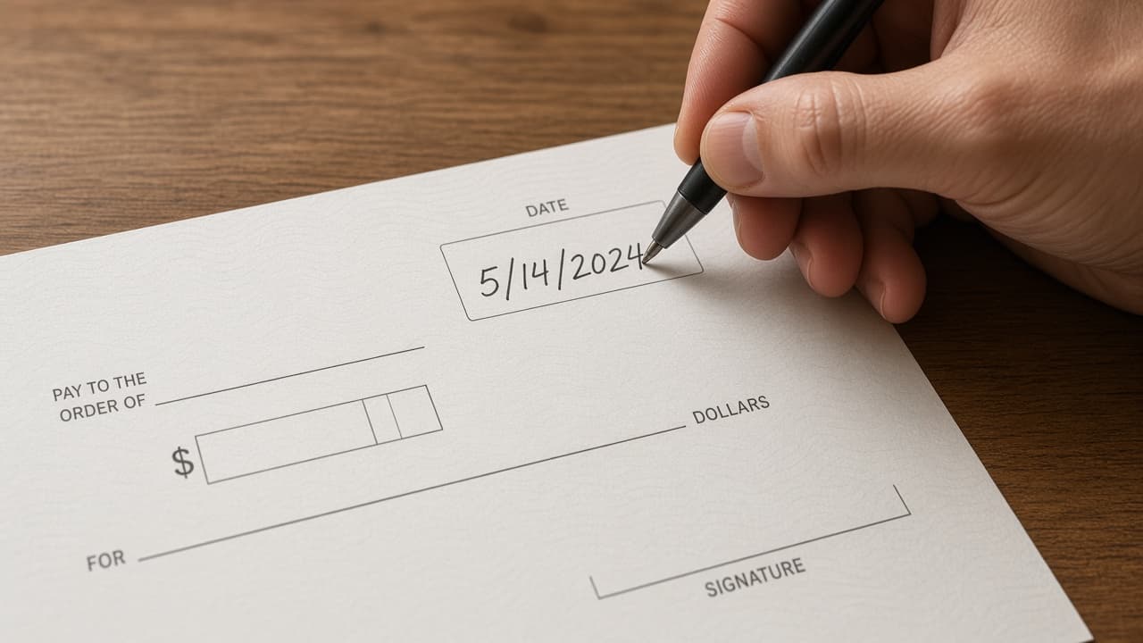 Illustrative check date field being filled with a pen