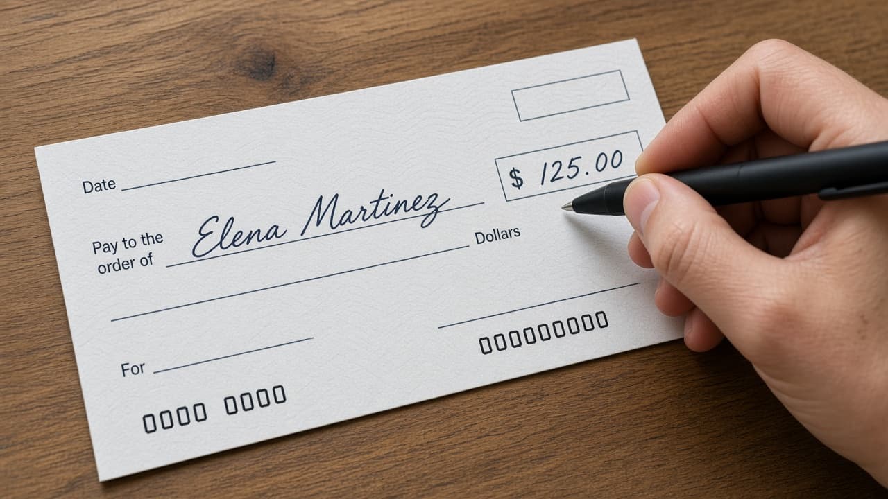 Illustrative check with payee line and amount box filled