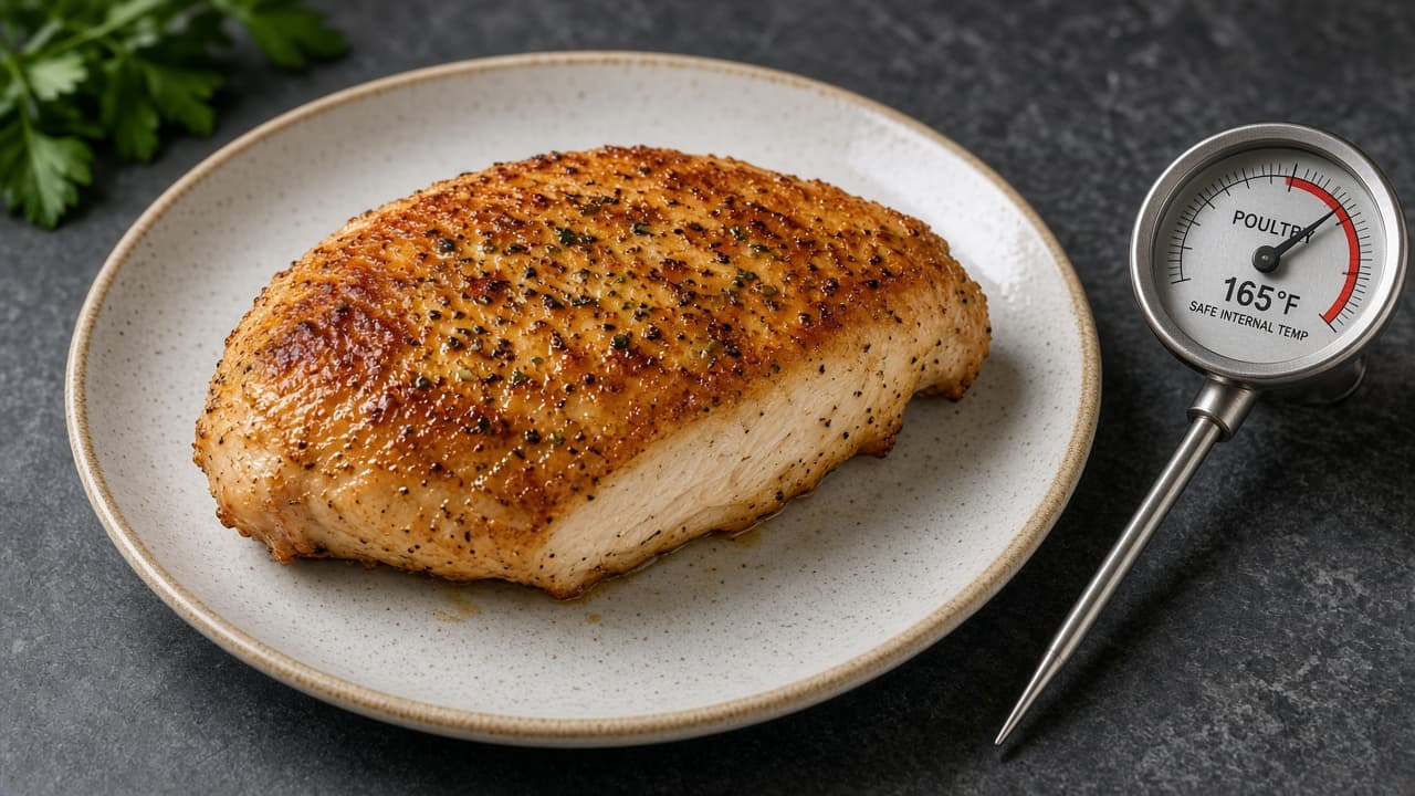 Sliced cooked chicken breast on a cutting board with a meat thermometer