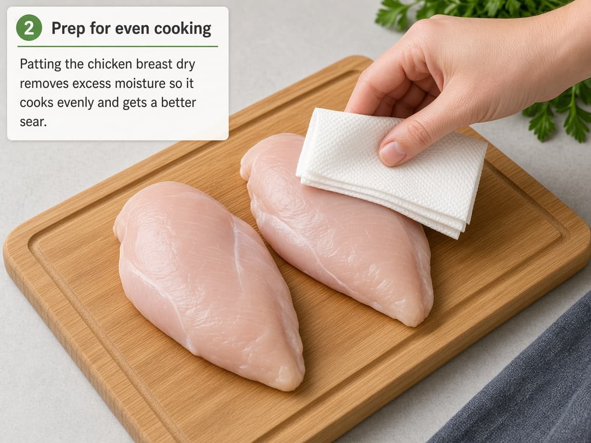 Chicken breasts patted dry on a cutting board