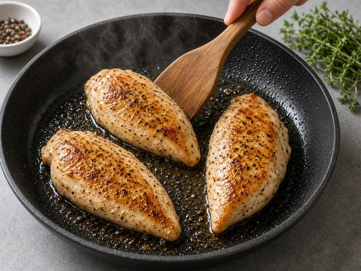 Chicken breasts searing in a skillet