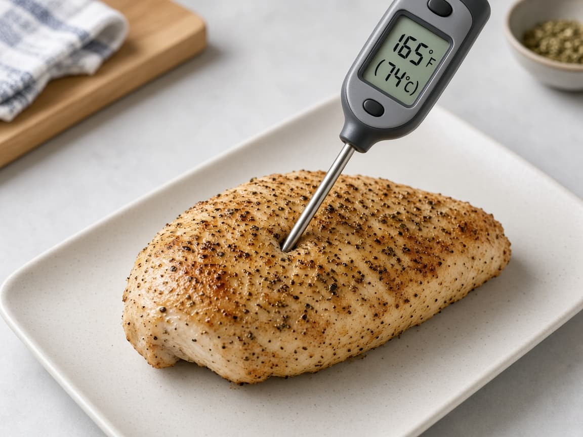 Meat thermometer reading 165 degrees in chicken breast
