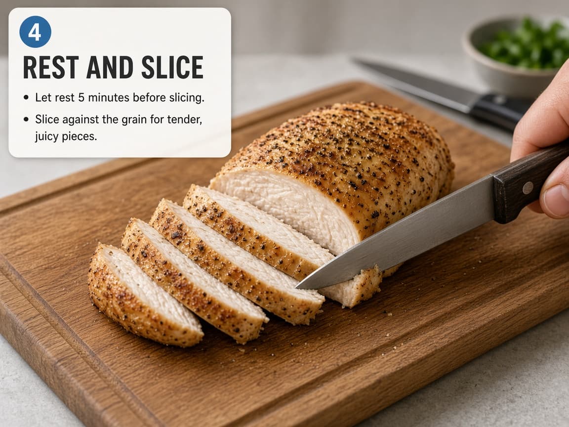Sliced chicken breast fanned on a cutting board
