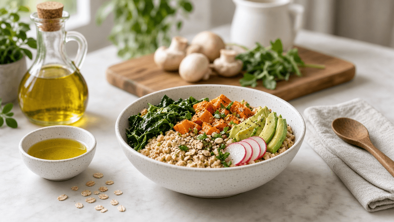 Kitchen table with oats, olive oil, beans and fresh vegetables for heart-healthy meals