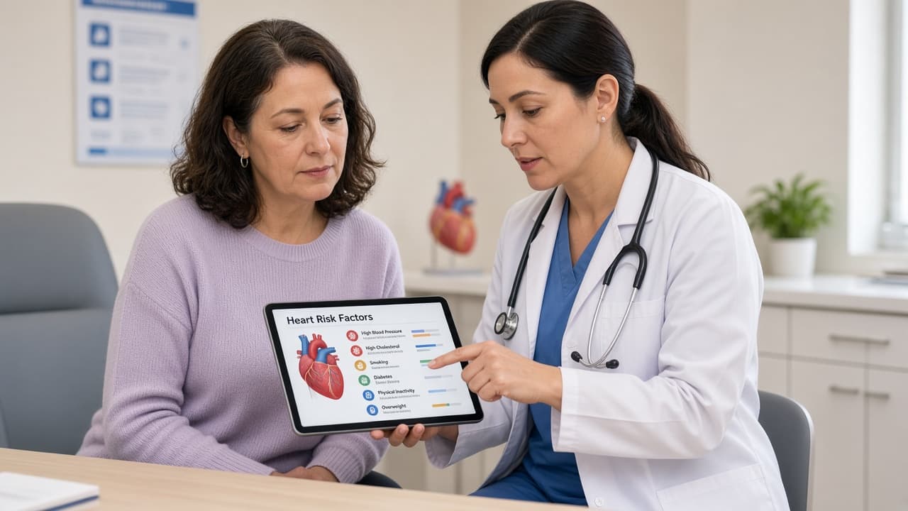 Patient and clinician reviewing heart risk factors on a tablet