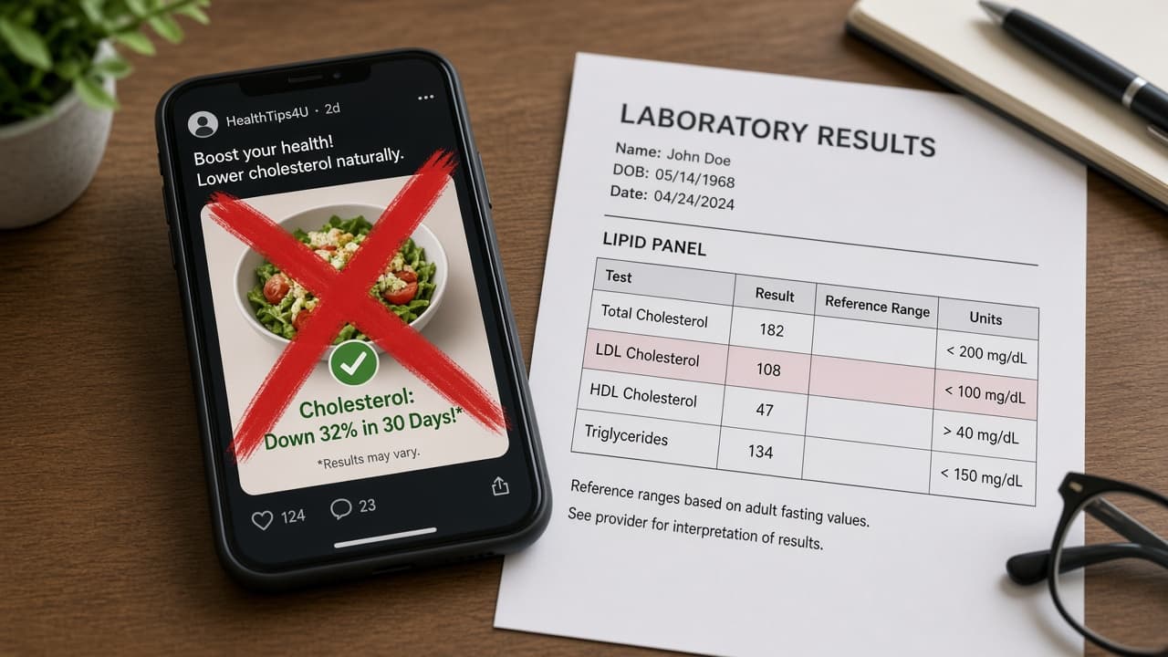 Social media cholesterol claim crossed out beside personal lab results