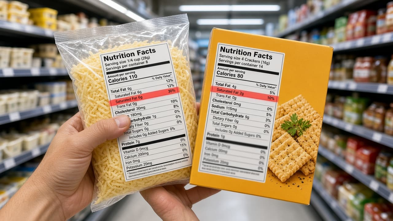 Hand comparing saturated fat lines on two packaged foods