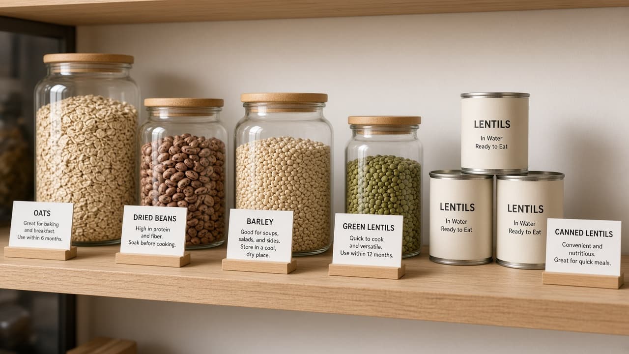 Pantry shelf with oats beans barley and canned lentils