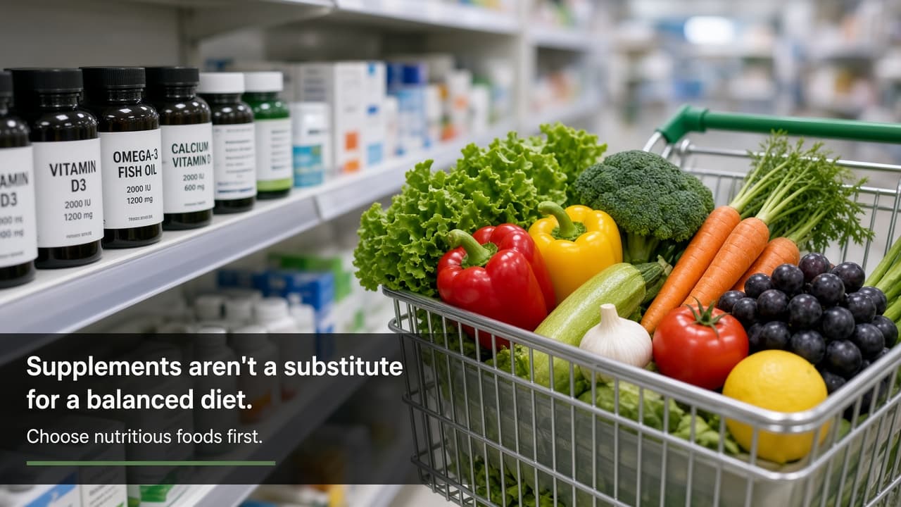 Supplement bottles left on the shelf while produce fills the cart